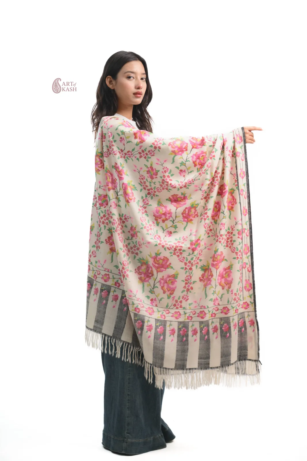 Pashmina Kani Shawl — Ivory With Pink Roses