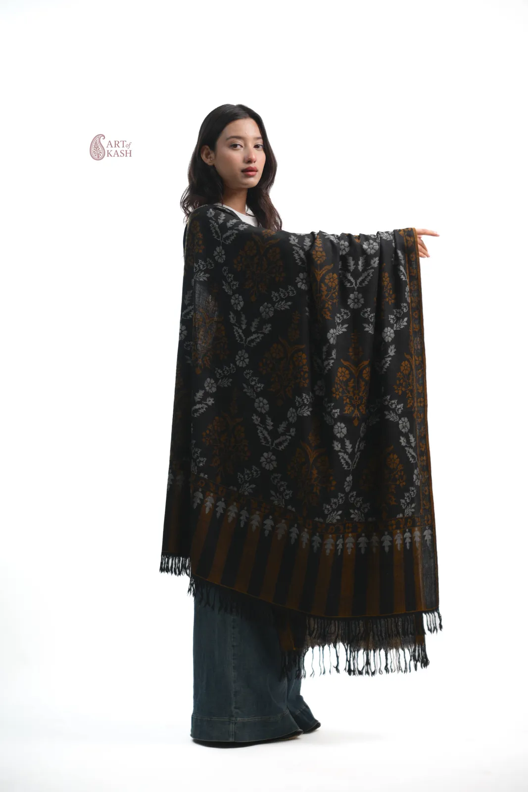 Pashmina Kani Shawl — Black With Gold Floral