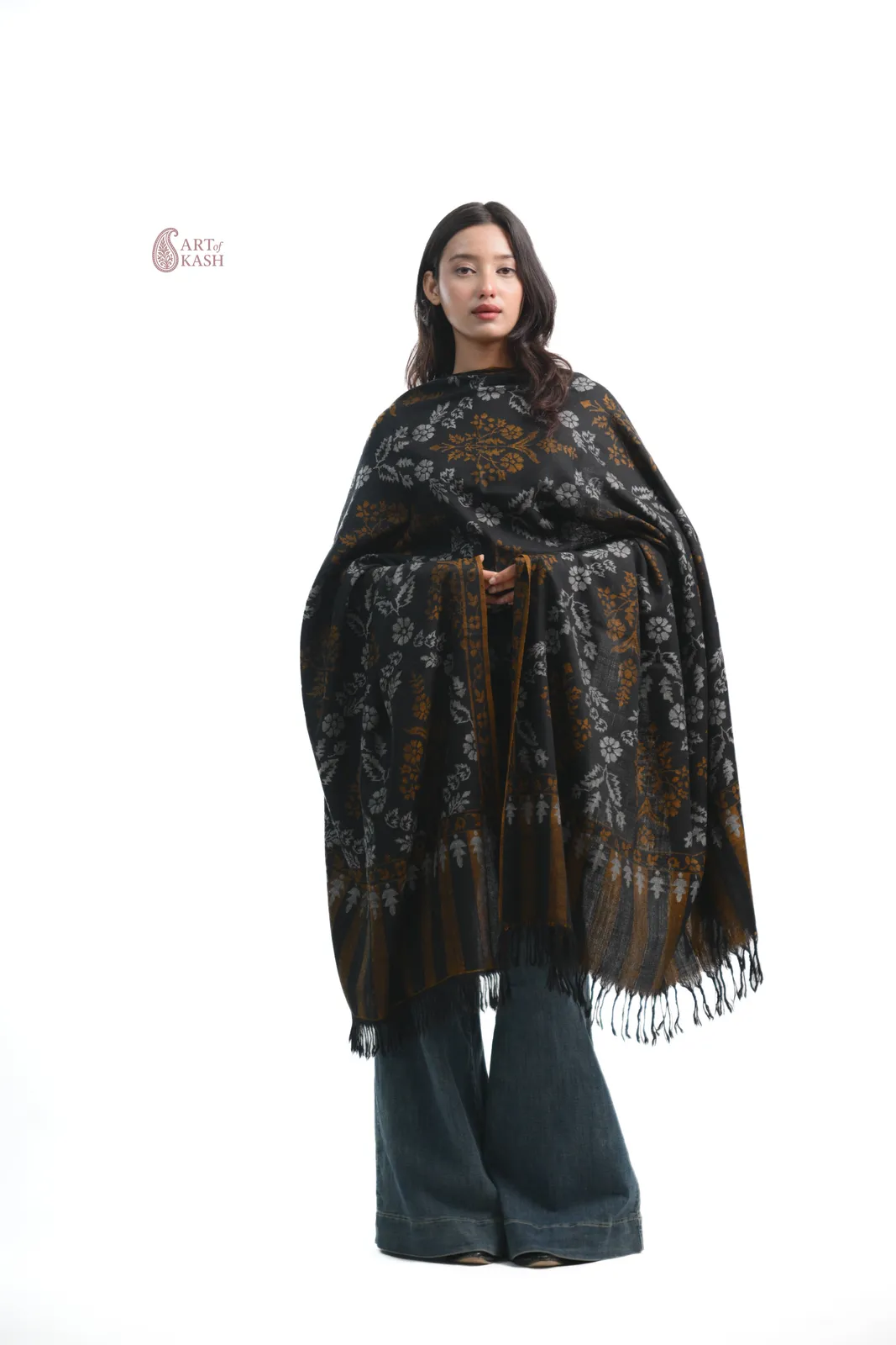 Pashmina Kani Shawl — Black With Gold Floral