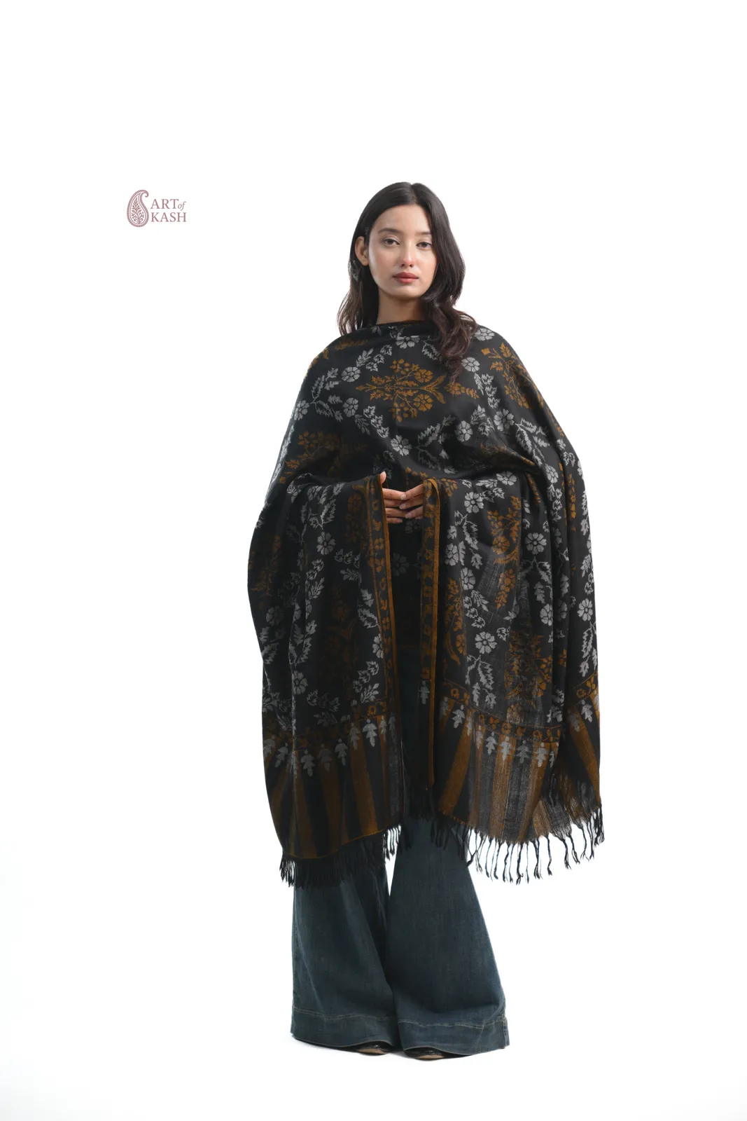Pashmina Kani Shawl — Black With Gold Floral