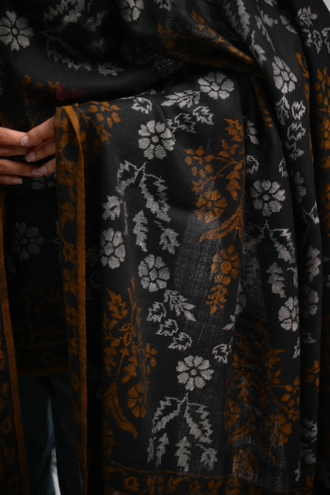 Pashmina Kani Shawl — Black With Gold Floral