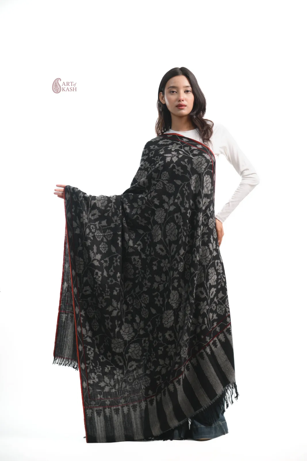 Pashmina Kani Shawl — Black With Red Edge